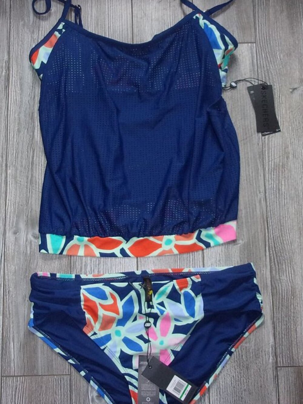 NWT "Skechers" 2-Pc Built-In Bra Tankini/Brief SWIMSUIT Summer Mosaic Woman Sz L